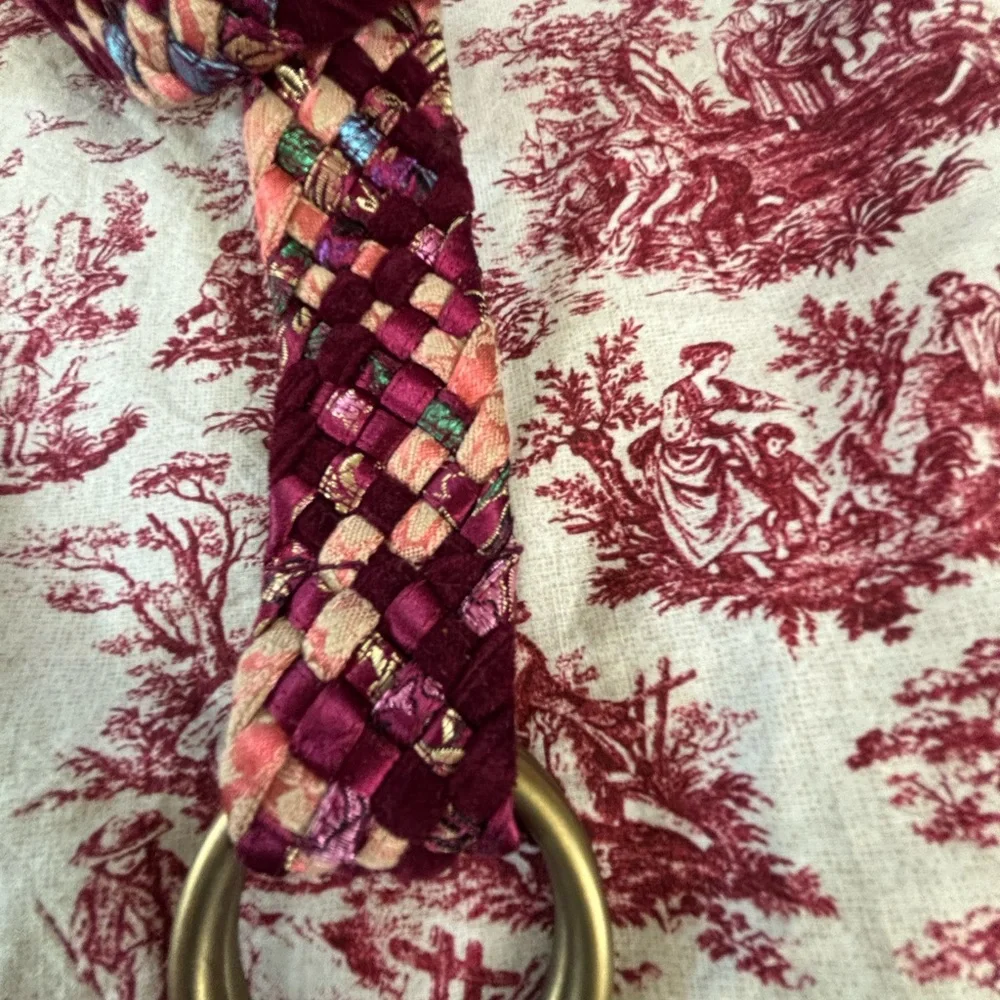Large Upcycled Woven Boho Tapestry Textiles Belt, Dark Pinks, Double loop buckle